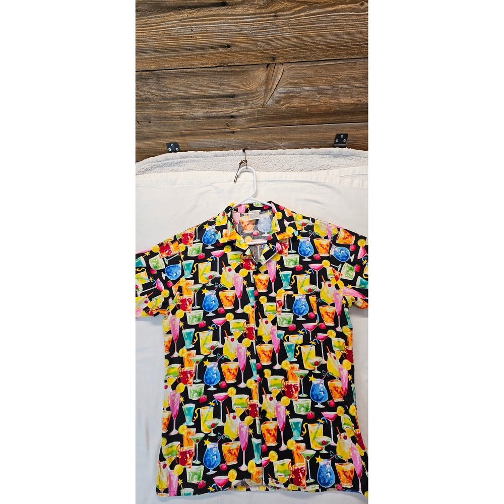 Fashion Seal Mens Cocktail Print Button Down Shirt Black Cotton Summer Camp M